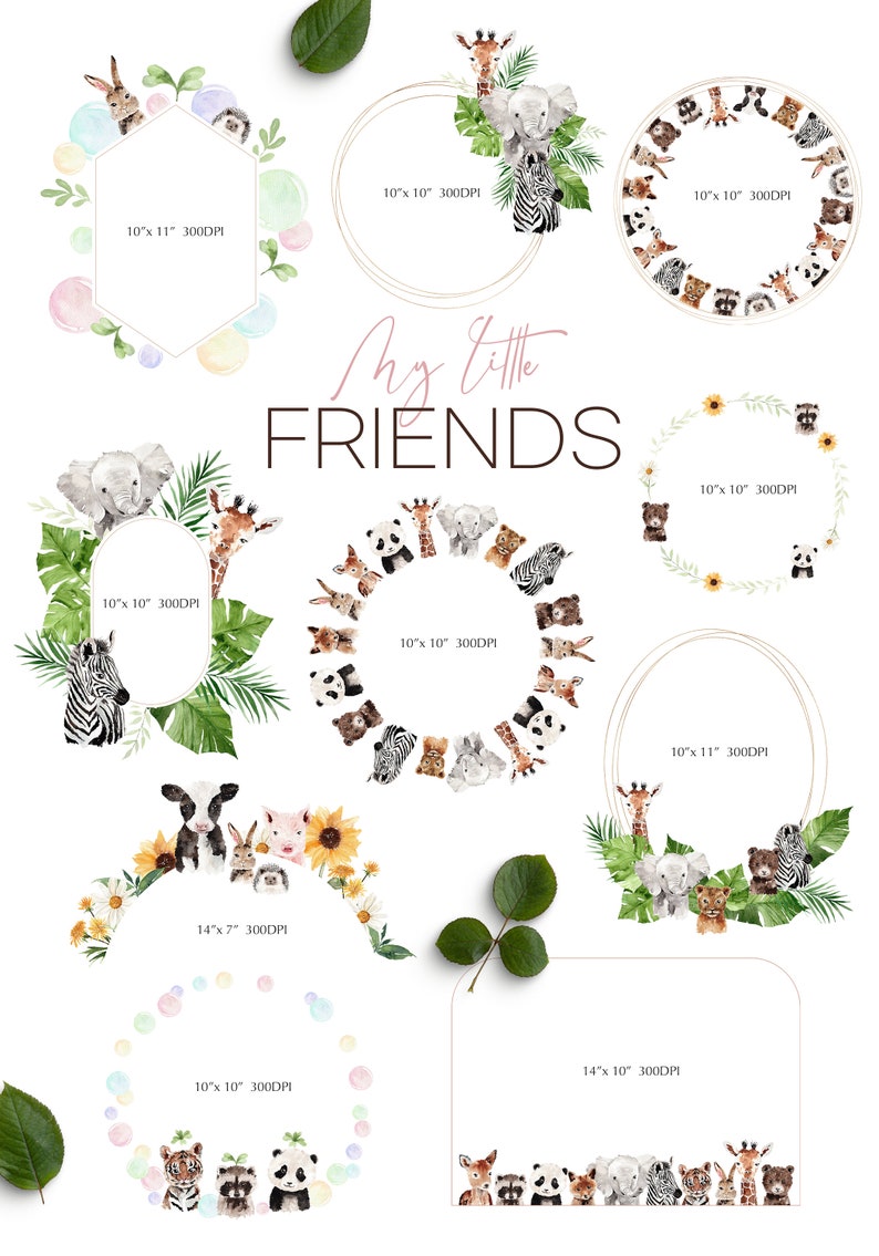 May include: A collection of watercolour animal illustrations, such as giraffes, elephants, and zebras, arranged in circular and rectangular frames. The text "My Little Friends" is present. The frames are labelled with dimensions, e.g., 25.4cm x 25.4cm.