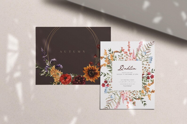 May include: Two floral themed cards. The first card has a dark brown background with a gold circle and the word "AUTUMN" in white text. The second card has a white background with a floral border and the text "Dahlia" in brown text.