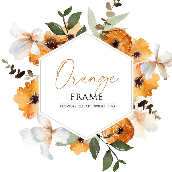 Watercolor frame, Orange flower frame, Watercolor clipart, Watercolor botanical, Watercolor Arrangement, Orange clipart, Orange frame