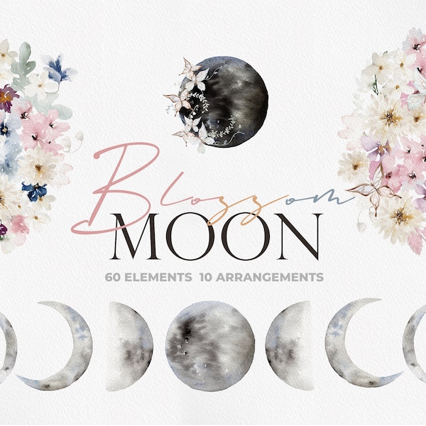 Blossom Moon, Watercolor flower, Watercolor Moon, Moon Flower Clipart, Watercolor Flower PNG, Cherry Blossom Clipart, Watercolor Flower Moon