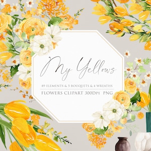Flower clipart, Watercolor flower, Yellow bouquets, Yellow flower, Wedding invitation, Floral arrangements, Tulip clipart, Freesia clipart image 1