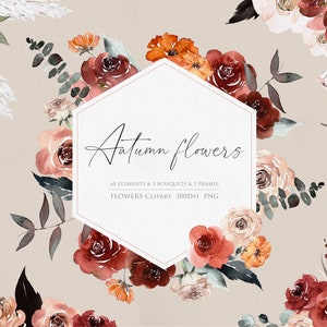Aquarelle d’automne, Clipart d’aquarelle, Arrangements floraux, Clipart rose, Fleur peinte à la main, Clipart de mariage, Clipart d’automne, Fleurs d’automne