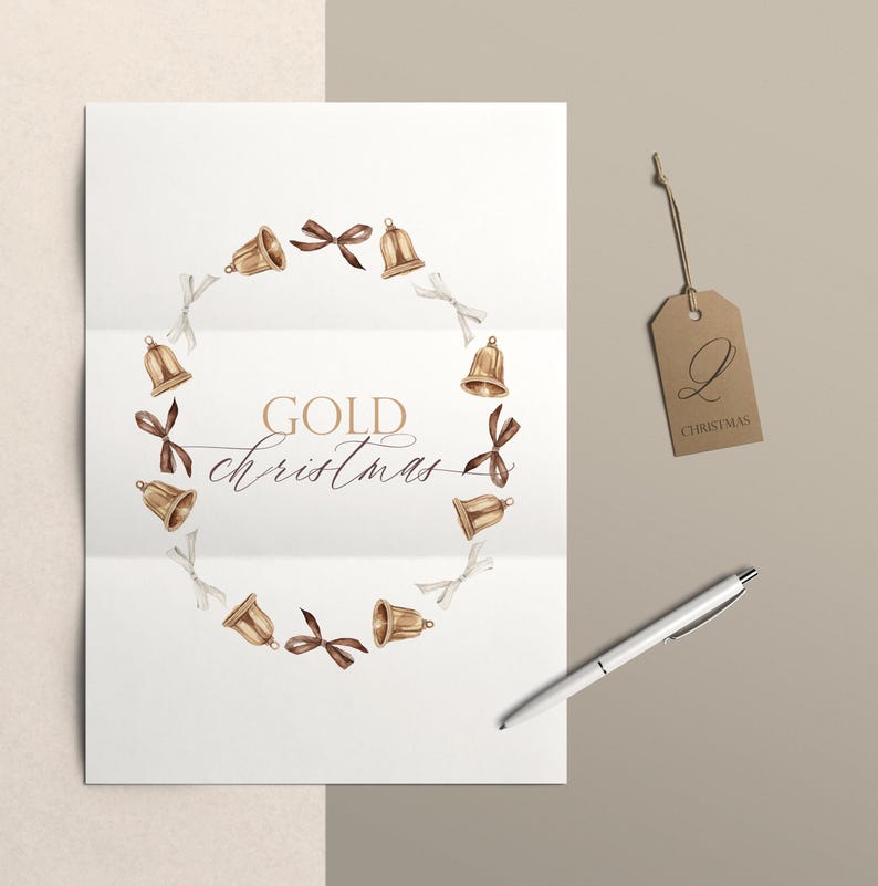 May include: A white folded paper featuring a watercolor wreath of gold bells and brown and white ribbons. The text reads GOLD christmas in the center. A brown kraft paper tag with the letter Q and the word CHRISTMAS hangs nearby with a pen.