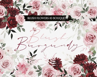 May include: A digital illustration of floral bouquets in blush and burgundy tones. The image features roses, dahlias, and other flowers with green foliage. Text reads "Blush Flowers 10 Bouquets" and "Blush Burgundy".