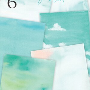 May include: Six watercolor backgrounds in shades of blue, green, and pink. The backgrounds feature clouds and a soft, blended look. The text "WATERCOLOR BACKGROUND" and "Mint" is visible in the top left and right corners of the image.