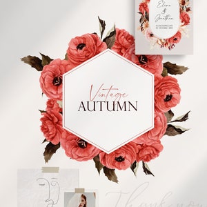 Puede incluir: Un marco hexagonal con el texto "Vintage Autumn" rodeado de una ilustraci&oacute;n de acuarela de flores rojas y hojas verdes. El marco est&aacute; sobre un fondo blanco.