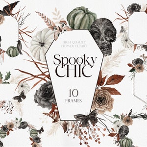 Spooky CHIC, aquarel clipart, aquarel Halloween, Halloween clipart, Halloween bloemen, groteske clipart, aquarel herfst bloem