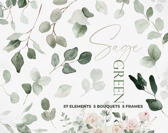 Sage Green Flower, Watercolor Botanical art, Watercolor Leaf, Wedding Flower, Watercolor Bouquets, Sage Green Bouquets, Eucalyptus Clipart
