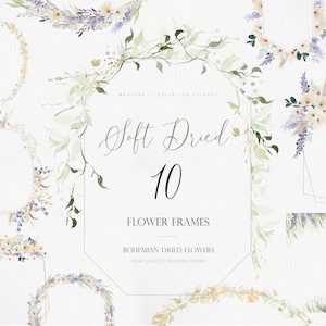 Fleurs séchées douces, Fleur d’aquarelle PNG, Clipart aquarelle, Fleur de Boho, Fleurs séchées, Cadres de mariage, Invitation de mariage