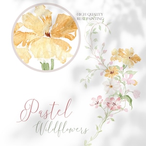 May include: Watercolor painting of pastel wildflowers in shades of yellow, pink, and white. The image includes a close-up of a yellow flower in a circular frame and the text "Pastel Wildflowers" in a script font.