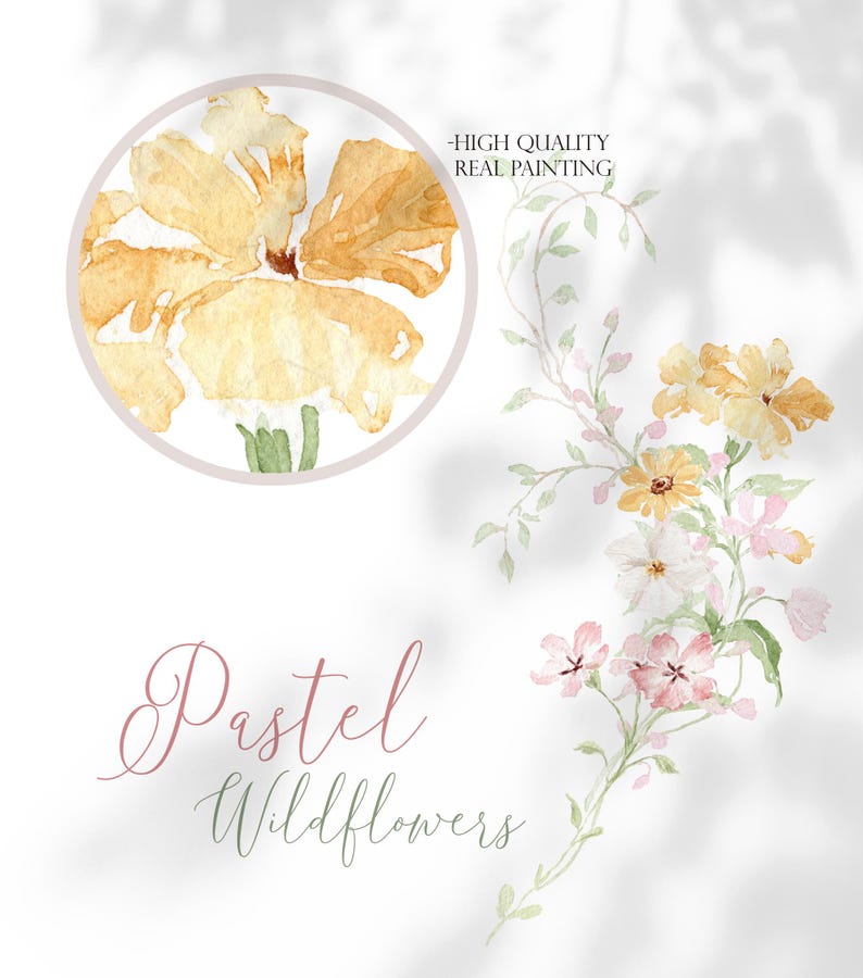 May include: Watercolor painting of pastel wildflowers in shades of yellow, pink, and white. The image includes a close-up of a yellow flower in a circular frame and the text "Pastel Wildflowers" in a script font.