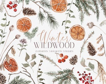WINTER WILDWOOD, Watercolor Winter Clipart, Winter Christmas, Watercolor Citrus Garland, Winter Boho,  Winter Citrus, Winter Garland