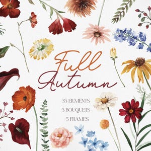 OTOÑO COMPLETO, Flor de acuarela PNG, Clipart de flores de otoño, Flores silvestres de otoño, Flores de otoño en acuarela, Ramo de flores silvestres en acuarela