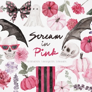 May include: Watercolor illustration with a Halloween theme. Features skulls, bats, pumpkins, bows, and flowers in shades of pink, black, and white. Text reads "Scream in Pink" with additional text indicating 32 elements, 5 bouquets, and 5 frames.