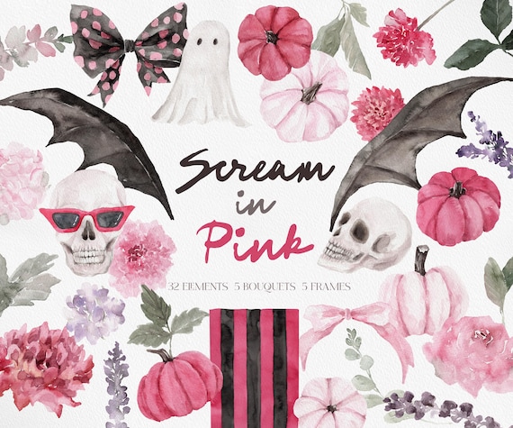 SCREAM in PINK, Watercolor Halloween Clipart, Watercolor Pink Halloween, Pink Halloween Clipart, Halloween Pink Clipart, Pink Pumpkin PNG