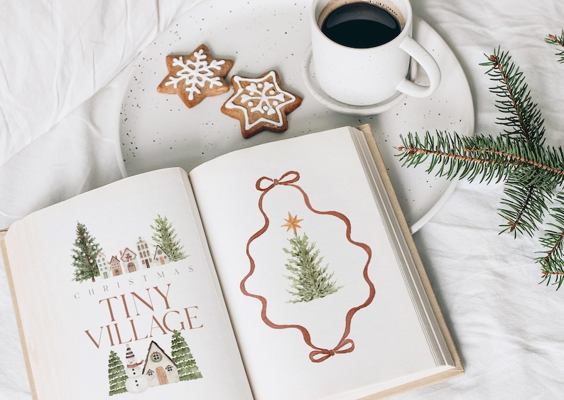 May include: A festive scene featuring a book with Christmas illustrations, gingerbread cookies, and a cup of coffee. The book's cover reads "Christmas Tiny Village." A sprig of evergreen adds a seasonal touch.