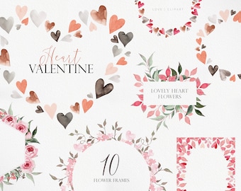 Valentine day Clipart, Watercolor Valentine, Valentine Heart, Watercolor Heart, Valentine Wreath, Watercolor Botanical, Valentine clipart