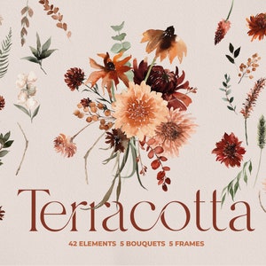 Terrakotta Blume, Aquarell Blume, Herbst Blumen, Boho Blume PNG, Herbst floral, Herbst Clipart, Herbst Hochzeit, Aquarell Herbst floral