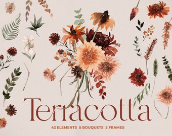 Terracotta Flower, Watercolor flower, Autumn flowers, Boho Flower PNG, Fall floral, Fall clipart, Fall Wedding, Watercolor Fall floral
