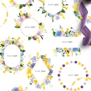 May include: A set of 11 watercolor floral frames in yellow and purple hues. The frames are in various shapes, including circles, ovals, hexagons, and diamonds. Each frame has a different arrangement of flowers, including hydrangeas, tulips, and other blooms. The frames are perfect for adding a touch of elegance to your designs.
