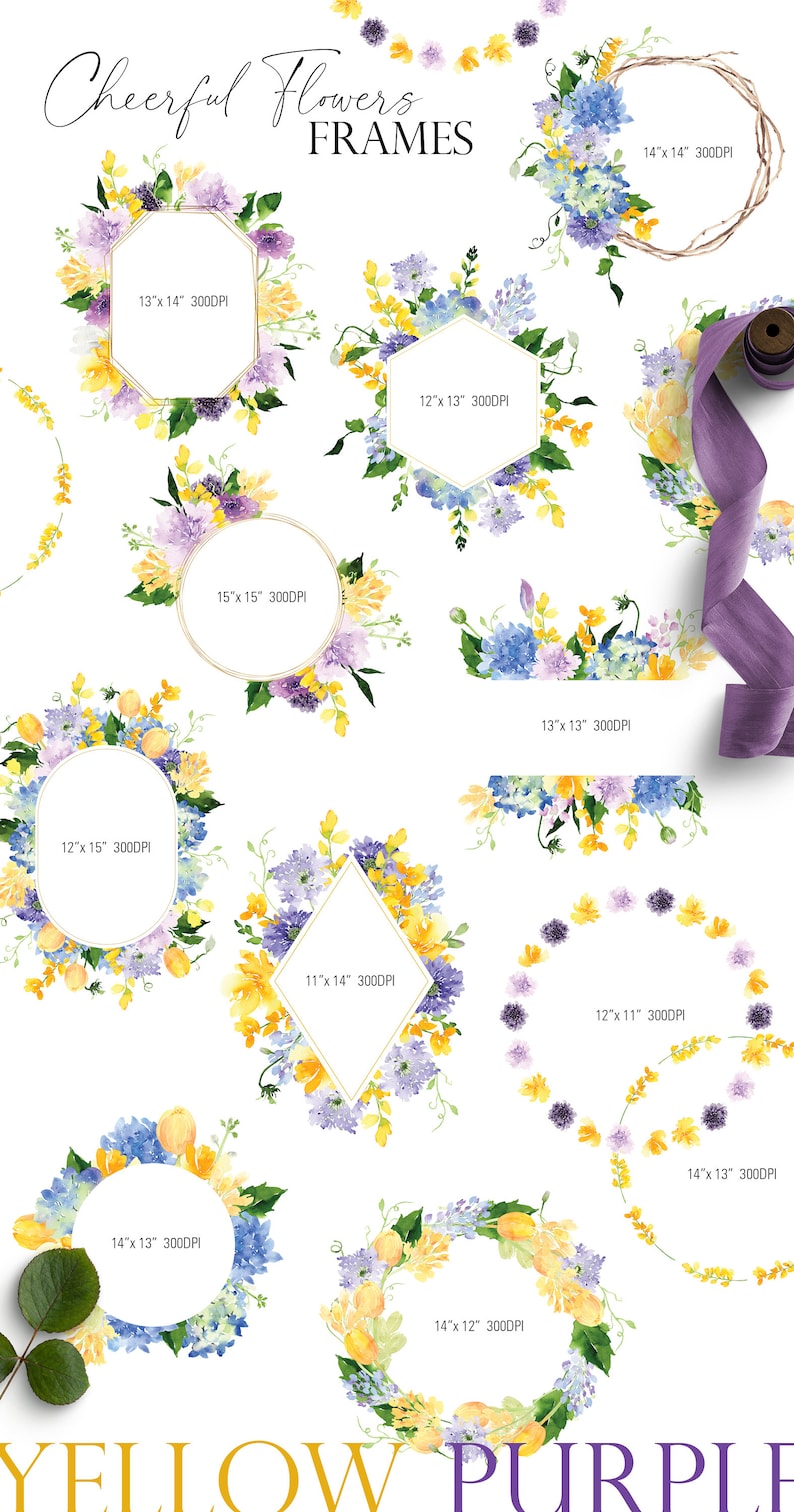 May include: A set of 11 watercolor floral frames in yellow and purple hues. The frames are in various shapes, including circles, ovals, hexagons, and diamonds. Each frame has a different arrangement of flowers, including hydrangeas, tulips, and other blooms. The frames are perfect for adding a touch of elegance to your designs.