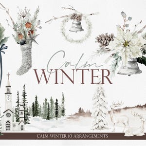 INVIERNO TRANQUILO, Clipart de invierno en acuarela, Navidad en acuarela, Tarjeta navideña, Clipart navideño, Acuarela navideña