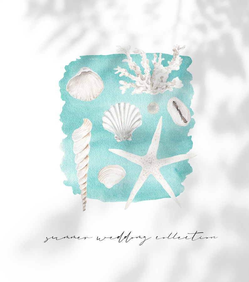 May include: Watercolor illustration of seashells, coral, and a starfish on a turquoise background. The illustration is perfect for a summer wedding theme.