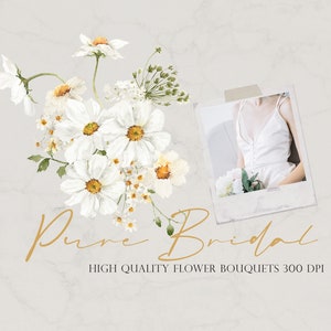 May include: A watercolor illustration of a bouquet of white flowers with yellow centers. The flowers are arranged in a loose, natural style. The text "Pure Bridal" is written in gold script below the flowers. The text "HIGH QUALITY FLOWER BOUQUETS 300 DPI" is written in gold below the script.