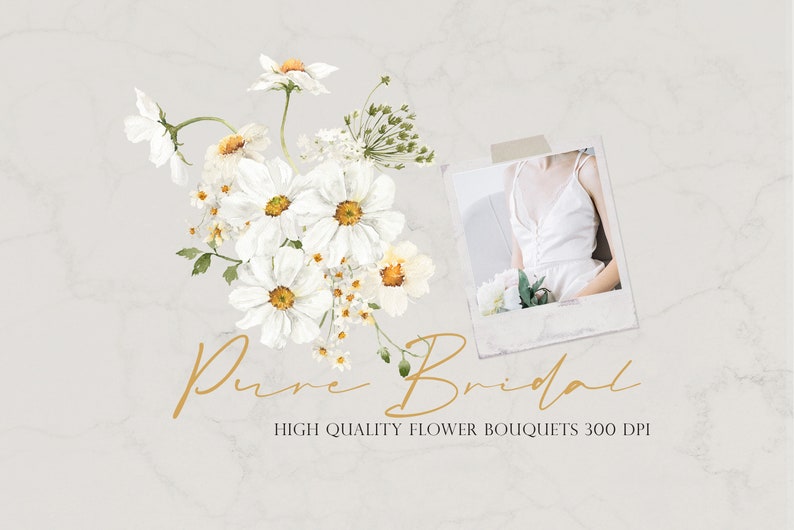 May include: A watercolor illustration of a bouquet of white flowers with yellow centers. The flowers are arranged in a loose, natural style. The text "Pure Bridal" is written in gold script below the flowers. The text "HIGH QUALITY FLOWER BOUQUETS 300 DPI" is written in gold below the script.