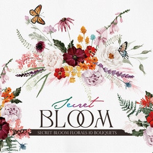 Aquarelbloemen, SECRET BLOOM, aquarel wilde bloemen, aquarel bloemen clipart, wilde bloem clipart, aquarel vlinder