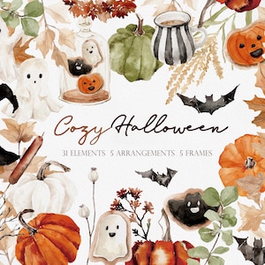 Przytulny Halloween, Akwarela Clipart, Akwarela Halloween Clipart, Halloween Clipart, Dynia Clipart, Duch Clipart, Słodki Duch PNG