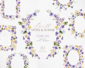 BIRTHSTONE & BIRTH FLOWERS, Birthflower, February Stone, Watercolor Amethyst, Watercolor Violets, Primrose Clipart