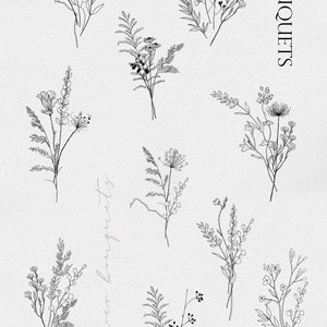 May include: Ten black and white line drawings of different bouquets of wildflowers. The bouquets are arranged in a grid pattern on a white background. The text "10 BOUQUETS" is in the top right corner of the image.