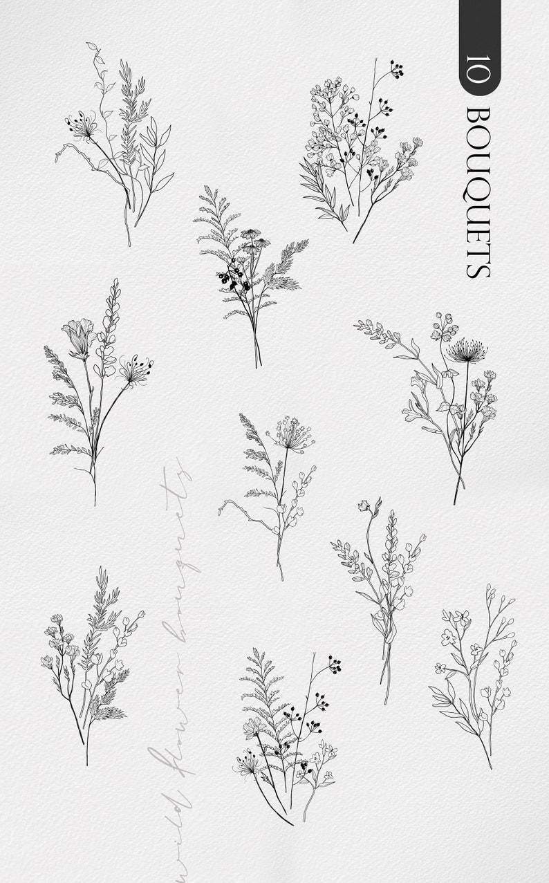 May include: Ten black and white line drawings of different bouquets of wildflowers. The bouquets are arranged in a grid pattern on a white background. The text "10 BOUQUETS" is in the top right corner of the image.