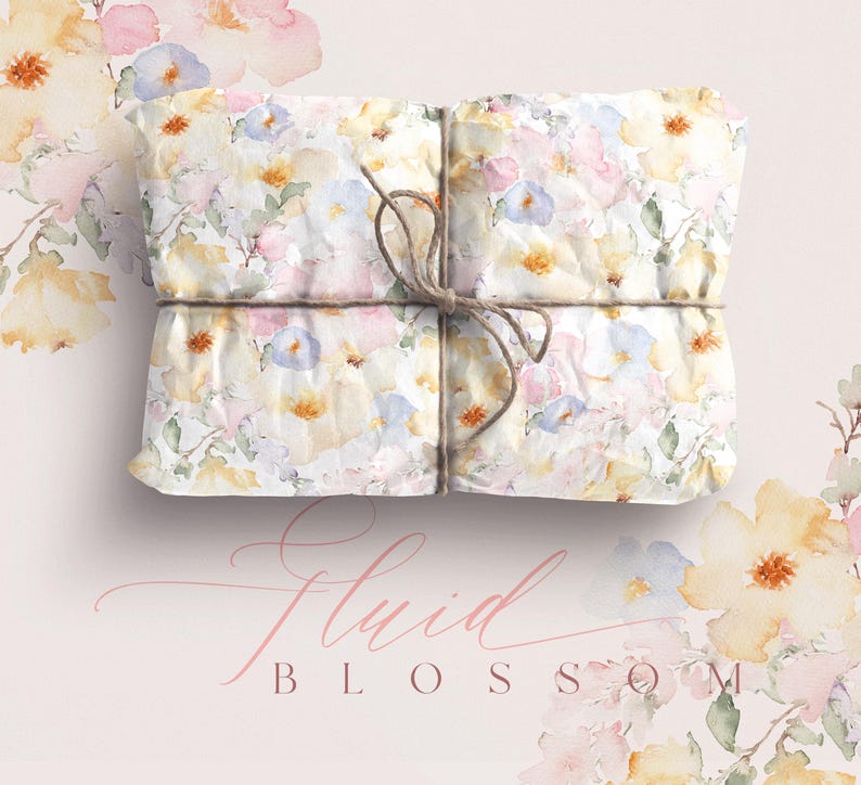 May include: A gift wrapped in white paper with a watercolor floral pattern. The paper is tied with twine and features a delicate floral design in shades of pink, yellow, and blue. The text "Fluid Blossom" is written in cursive on the bottom of the image.