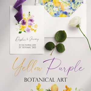 May include: A watercolor illustration of a bouquet of yellow and purple flowers. The flowers are arranged in a vase and are surrounded by green leaves. The text "Yellow Purple Botanical Art" is written below the bouquet.