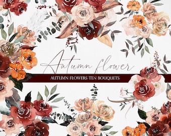 May include: Ten watercolor bouquets of autumn flowers in shades of red, orange, and cream. The bouquets feature roses, peonies, and other floral elements. The text "Autumn Flower" and "Autumn Flowers Ten Bouquets" is displayed on a burgundy banner.