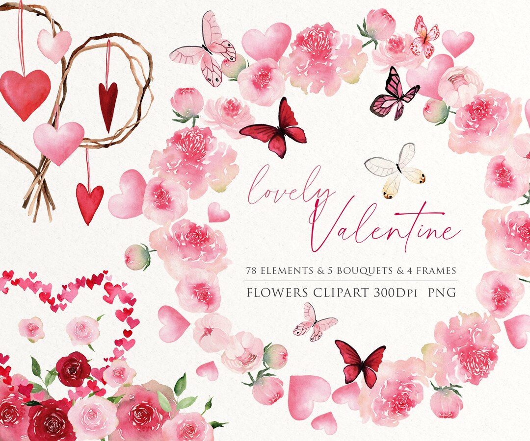 Flower Png, Watercolor Valentine, Valentine Clipart, Heart Clipart ...