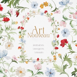Jugendstil-Stil Blumen, Aquarell Blume PNG, Aquarell Blumen, Blumen Clipart, Wildblume PNG, Aquarell Clipart, Botanische KUNST