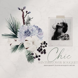 May include: Watercolor illustration of a bouquet of winter flowers, including white cotton, blue hydrangeas, and dark berries. The bouquet is set against a white marble background with the text "Chic Winterflower Bouquets High Quality Flower Bouquets 300 DPI" below.