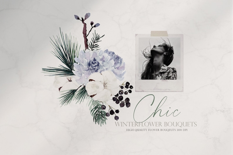May include: Watercolor illustration of a bouquet of winter flowers, including white cotton, blue hydrangeas, and dark berries. The bouquet is set against a white marble background with the text "Chic Winterflower Bouquets High Quality Flower Bouquets 300 DPI" below.