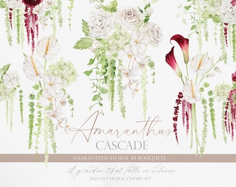 May include: Watercolor illustration of floral bouquets. The image features white roses, calla lilies, and cascading greenery. The bouquets are accented with burgundy amaranthus. Text reads "Amaranthus Cascade" and "Elegant Floral Clipart Set."