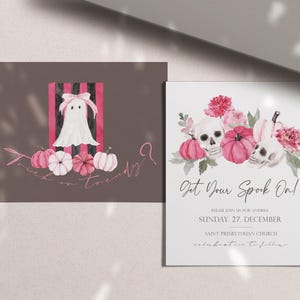 May include: Two Halloween-themed cards. One features a white ghost with a pink bow, pink pumpkins, and the text "Trick or Trendy?". The other card has skulls, pink pumpkins, and the text "Get Your Spook On!" with event details.