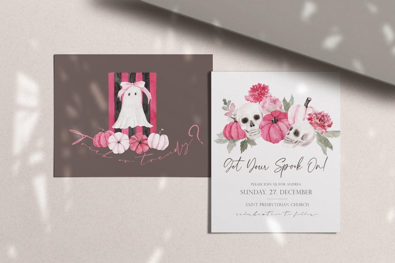 May include: Two Halloween-themed cards. One features a white ghost with a pink bow, pink pumpkins, and the text "Trick or Trendy?". The other card has skulls, pink pumpkins, and the text "Get Your Spook On!" with event details.
