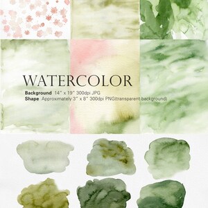 May include: A set of 10 watercolor green and brown shapes, perfect for adding a touch of nature to your designs. The shapes are approximately 3 inches by 8 inches and come in a variety of shades of green and brown.