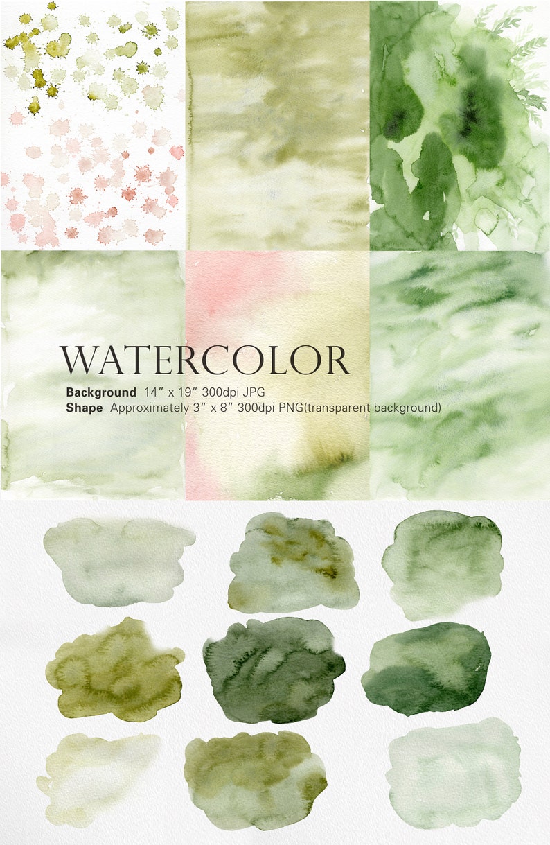 May include: A set of 10 watercolor green and brown shapes, perfect for adding a touch of nature to your designs. The shapes are approximately 3 inches by 8 inches and come in a variety of shades of green and brown.