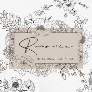 Romance floral, arte de linha de flores, flor SVG, logotipo de flor, clipart de flores, arte botânica, flor boho, clipart de casamento