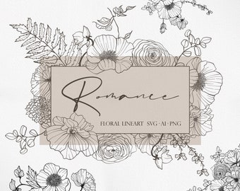 Romance Floral, Flower Line art, Flower SVG, Flower Logo, Flower clipart, Botanical art, Boho Flower, Wedding clipart