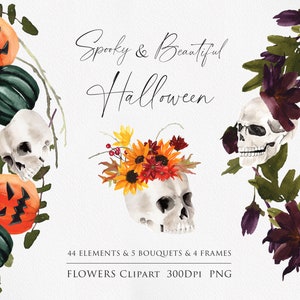Halloween Clipart PNG, Halloween Aquarel PNG, Herfst Clipart, Schedel met Bloemen, Pompoen Aquarel, Bloemen Pompoenen, Mooie Schedel