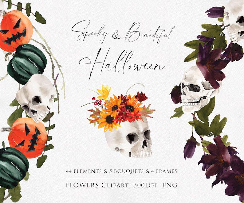 May include: Watercolor clipart set featuring spooky and beautiful Halloween elements.  The set includes skulls, pumpkins, flowers, and leaves in shades of black, white, orange, green, and purple.  The text "Spooky & Beautiful Halloween" is written in cursive.